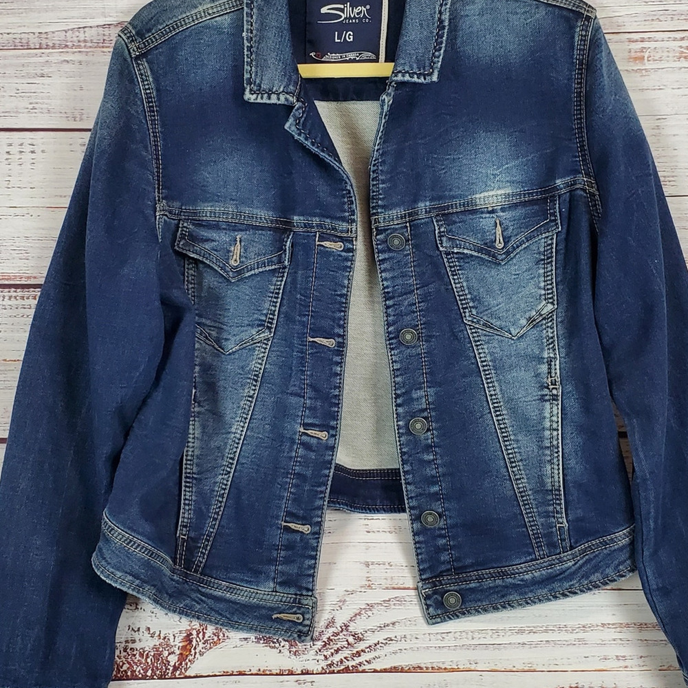 Silver jeans Women Denim Jacket L Blue Fade Country Western Denim Coat Y2K Retro - Picture 3 of 11